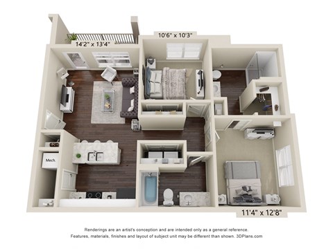 Floor plan for 2 beds, 2 baths, 954 sqft